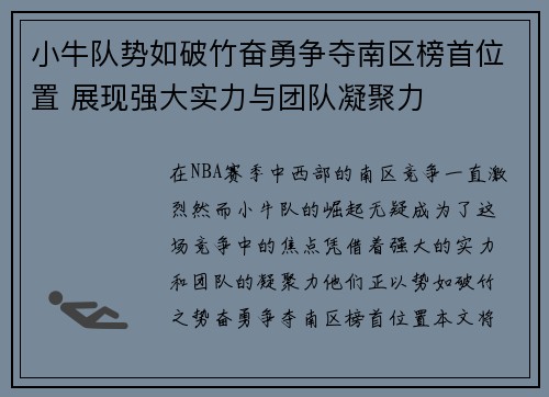 小牛队势如破竹奋勇争夺南区榜首位置 展现强大实力与团队凝聚力