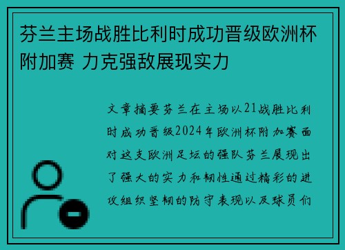 芬兰主场战胜比利时成功晋级欧洲杯附加赛 力克强敌展现实力