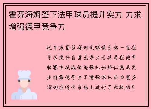 霍芬海姆签下法甲球员提升实力 力求增强德甲竞争力