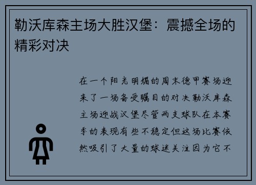 勒沃库森主场大胜汉堡：震撼全场的精彩对决