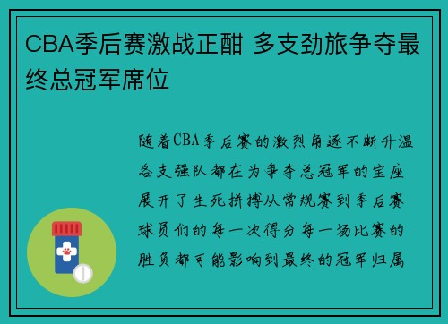 CBA季后赛激战正酣 多支劲旅争夺最终总冠军席位