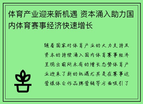 体育产业迎来新机遇 资本涌入助力国内体育赛事经济快速增长