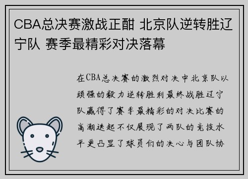 CBA总决赛激战正酣 北京队逆转胜辽宁队 赛季最精彩对决落幕